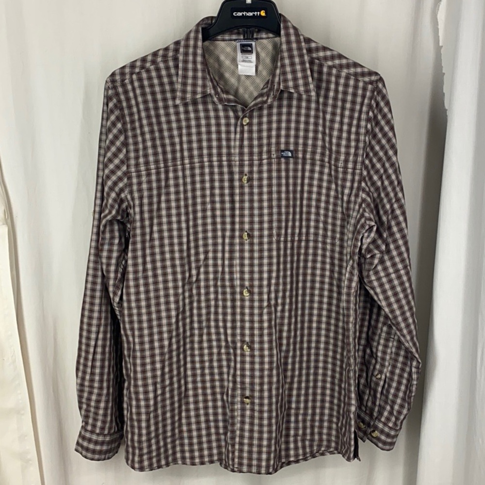 The North Face L Guys Plaid Modal Blend L/S Button Down Shirt Pocket Sleeve Tabs